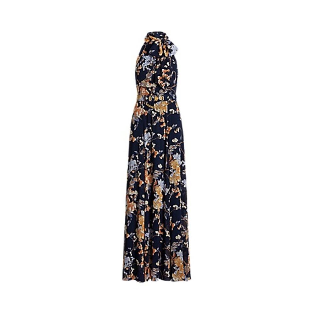 Black Label LRL Floral print Halter neckline sleeveless Belted Gown